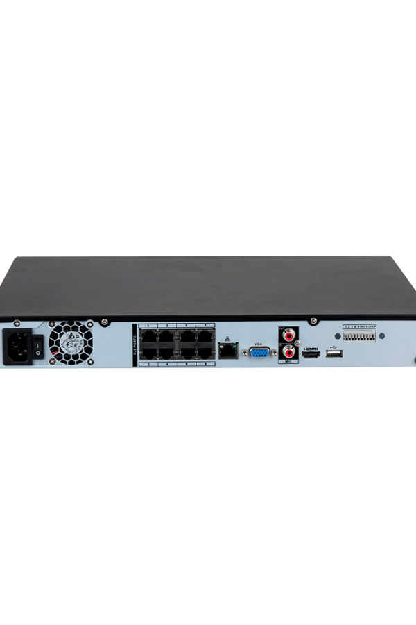 DAHUA DHI-NVR4208-8P-4KS3 NVR de 8 MP/ 4k/ 8 Canales IP/ 8 Puertos PoE/ Rendimiento de 160 Mbps/ H.265+/ 2 Bahías de discos duros / Soporta cámaras WizSense/ HDMI 4k & VGA/ 4 canales SMD Plus/ E&S de Alarma/