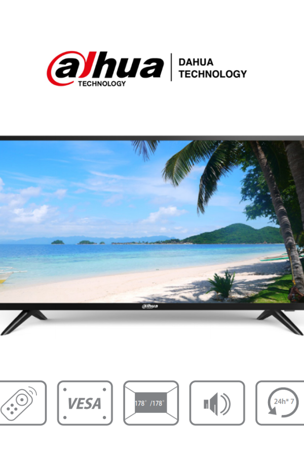 DAHUA DHI-LM32-F200 - Pantalla FHD de 32 pulgadas con resolución 1920×1080, diseñada para uso 24/7. Ofrece 240 cd/m² de brillo, entradas HDMI, VGA, USB, altavoces integrados y control remoto. 