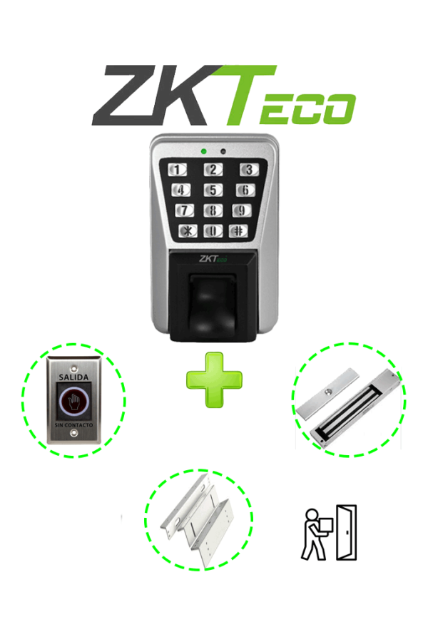 ZKTECO MA500PAK - Control de Acceso Profesional de Huella / Tarjeta y Password para Exterior con IP65 / Incluye Contrachapa Magnética LM2805 de 200Kg / Soporte de Fijación ZL / Botón de Salida No Touch