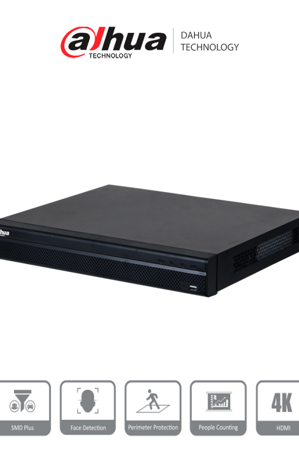 DAHUA DHI-NVR4232-16P-4KS3 NVR de 8 MP / 4k / 32 Canales IP / 16 Puertos PoE / Rendimiento de 160 Mbps/ Smart H.265+/ 2 Bahías de disco duro/ 4&2 E&S de Alarma/ Soporta cámaras WizSense/ 2 canales SMD Plus