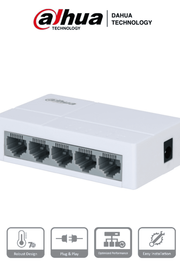DAHUA PFS3005-5ET-L - Switch para Escritorio 5 Puertos/ Fast Ethernet 10/100/ Diseño Compacto/ Capa 2/ Switching 1 Gbps/ Velocidad de Reenvio de Paquetes 0.744 Mbps/