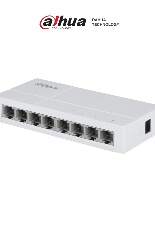 DAHUA DH-SF1008L - Switch de Escritorio con 8 puertos Fast Ethernet (10/100 Mbps), diseño compacto de capa 2, con capacidad de switching de 1.6 Gbps y velocidad de reenvío de paquetes de 1.19 Mpps. Ideal para redes eficientes y compactas.