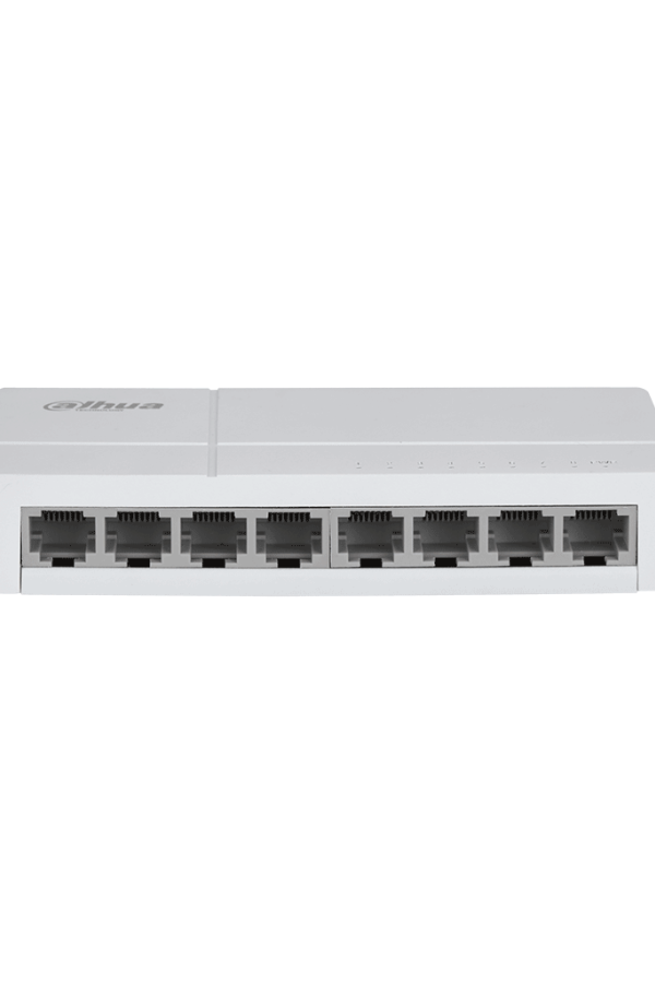 DAHUA DH-SF1008L - Switch de Escritorio con 8 puertos Fast Ethernet (10/100 Mbps), diseño compacto de capa 2, con capacidad de switching de 1.6 Gbps y velocidad de reenvío de paquetes de 1.19 Mpps. Ideal para redes eficientes y compactas.