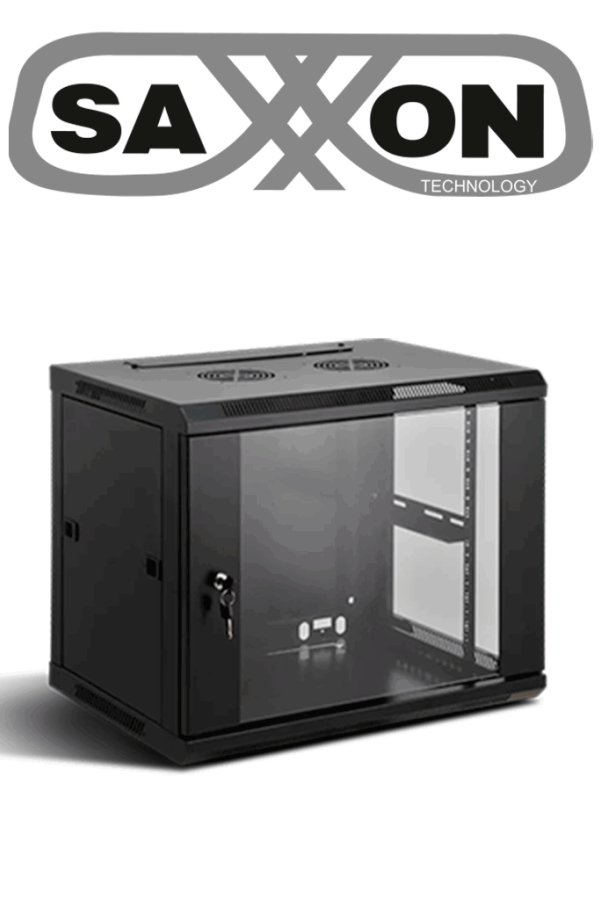 SAXXON SXR9U6409S - Gabinete de Pared Negro / 9UR / Puerta de Vidrio Templado / Alto 60 cm / Ancho 60 cm / Profundidad 45 cm /