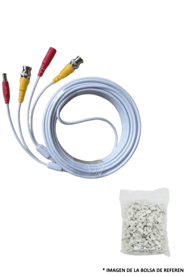TCE-BNC10WLMG5-Paquete de Cable Siamés Armado Blanco de 10 Metros con Bolsa de 50 Grapas de Pared Blancas de 5mm