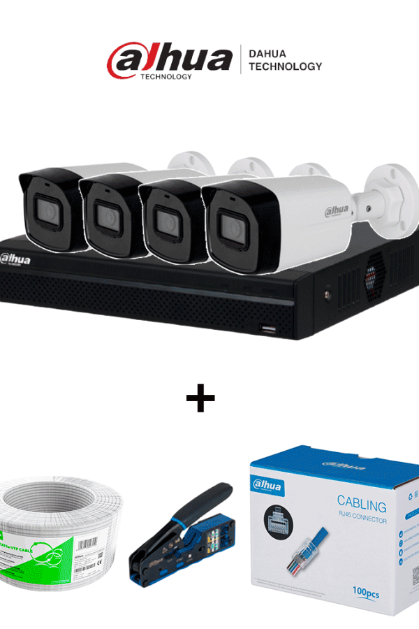 Bundle NVR+4BulletIP -Compra 1 NVR NVR1104HS-P-S3 de 4 Canales y llévate mas 4 cámaras IPC-B1E20 / Bobina de 100 metros/ Caja con 100 Plugs/ Pinza de corte de Plugs/*No incluye disco duro/
