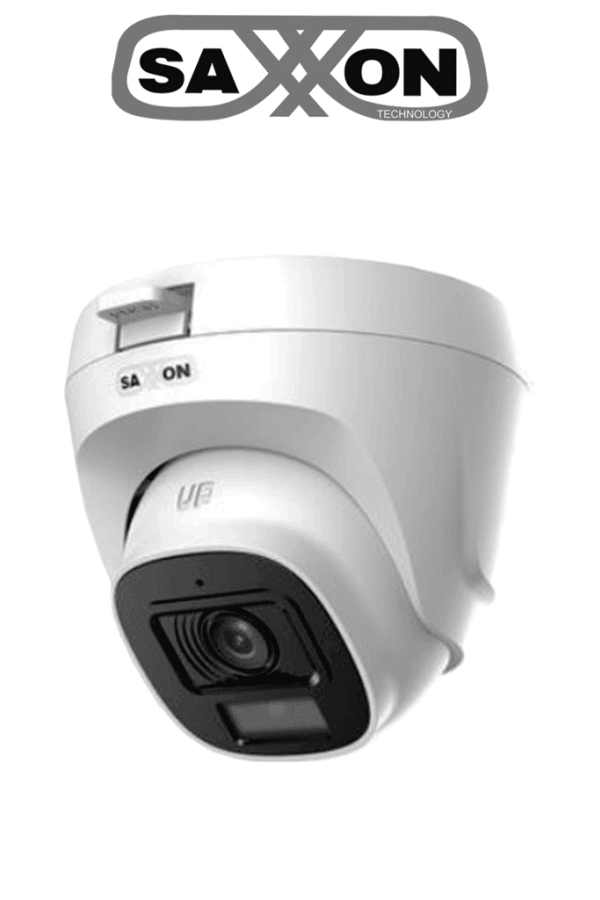 SAXXON SUA-HAC-T20P-0280B- Cámara Turret de 2 Megapíxeles/ Lente de 2.8 mm con Visión de Apertura de Hasta 100°/ Policarbonato/ IR de Hasta 20m de Visualización/ Fácil Instalación/ Ideal para Interiores